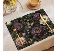 Style rétro élégant Lot de 8 Sets de Table, 30x45cm Fleurs de Pivoine, Branches et Feuilles de Papillon Banquet Sets de Tables Lavables Nappe de Table pour Cuisine, fête, décoration Violet