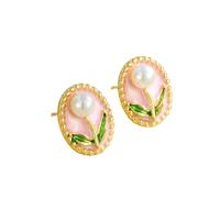 Style rétro ensemble perles fleurs peinture à l'huile style série boucles d'oreilles nouvelle lumière luxe style émail haut niveau sens des boucles d'oreilles-white