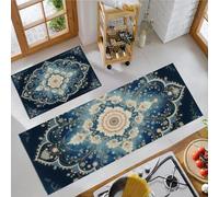 Style rétro Glamour Tapis de Cuisine Set de 2, Fleurs délicates Tapis de Sol de Cuisine Lavables, Chemin Antidérapant pour l’entrée et Le Bureau 40x60cm+40x120cm, Bleu foncé