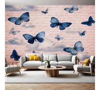 Style RéTro Papier Peint Intissé 400 x 280 cm Papillon bleu Panoramique Image Photo Trompe l'oeil Murale Wallpaper Tapisserie pour Salon, Adulte Chambre d'enfants, Étude Décoration