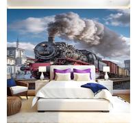 Style RéTro Papier Peint Intissé 400 x 280 cm Train à vapeur rouge Panoramique Image Photo Trompe l'oeil Murale Wallpaper Tapisserie pour Salon, Adulte Chambre d'enfants, Étude Décoration