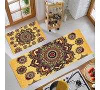 Style rétro Tapis de Cuisine Set de 2, Motifs de Mandalas complexes Tapis de Sol de Cuisine Lavables, Chemin Antidérapant pour l’entrée et Le Bureau 40x60cm+40x120cm, Jaune