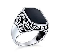 Style Rétro Vintage Élégant Feuille De Vigne Accent Noir Onyx Pierre Précieuse Octogone Rectangle Chevalière Bague Western Bijoux Pour Hommes Lourd Oxydé .925 Argent Sterling Fait À La Main En Turquie