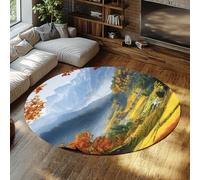 Style Rustique Automne Montagne vallée Paysage Tapis Ronds Champs de blé forêts ruisseaux imprimé Tapis d’intérieur pour Chambre Chevet Poils Bas 200x200cm