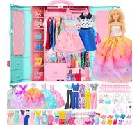 Style Shine Ensemble de jeu 70 pièces avec vêtements et accessoires, 2 robes de mariée, 2 tenues décontractées, 6 robes tendance, 2 maillots de bain, 10 chaussures, 27 accessoires, 20 cintres, jouets