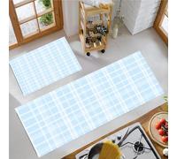 Style Simple et Frais Tapis de Cuisine Set de 2, Motif à Carreaux Tapis de Sol de Cuisine Lavables, Chemin Antidérapant pour l’entrée et Le Bureau 40x60cm+40x120cm, Bleu Clair