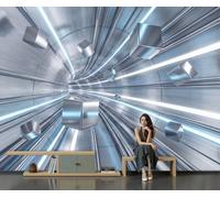 Style technologique futuriste 3D Tunnel Cube Métal Papier Peint Panoramique Pour Garçons filles, 400x280cm | Argent Poster Géant Mural 3D, Décoration Murale Premium Pour Salon, Chambre Adulte