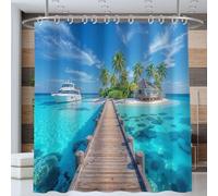 Style Tropical Rideau de Douche Anti-moisissure Jetée en Bois, Palmiers, île 240 x 200 cm avec Anneaux Tissu Lavable en Machine pour Salle de Bain Domicile Baignoire Cabine de Douche, Hôtel