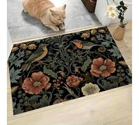 Style William Morris Paillasson D'Entrée Discret Absorbant - 45 x 75 cm - Antidérapant - Fleurs Sauvages Oiseaux Tapis De Sol pour Entrée d'animaux Domestiques Cuisine Salle De Bain - Vert Foncé
