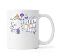 Style with Soul Tasse à café en céramique Motif chat et oiseau Blanc