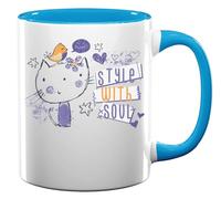Style with Soul Tasse à café en céramique Motif chat et oiseau Bleu clair