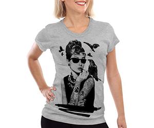 style3 Audrey Tatouage T-Shirt Femme Hollywood Star Hepburn, Couleur:Gris chiné, Taille: