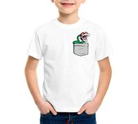 style3 Plante Piranha Poche T-Shirt pour Enfants Pocket Mario Switch Snes, Couleur:Blanc, Taille: