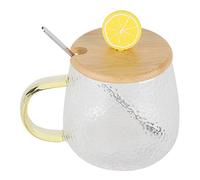 Stylebest Tasse en Verre à Haute Teneur en Borosilicate de 400ml, avec Couvercle en Bambou et Cuillère en Acier Inoxydable, pour la Maison et le Bureau, Verres élégants (#6)