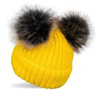 styleBREAKER Bonnet à Pompon tricoté pour Enfants avec 2 Pompon en Fourrure synthétique et Doublure en Polaire, Bonnet d'hiver, Bonnet tricoté, 2-5 Ans 04024203, Couleur:Jaune