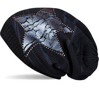 styleBREAKER Bonnet Beanie tricoté avec Un imprimé Vintage en Forme d'étoile et Le Bord en Strass, Bonnet tricoté avec Un Motif rayé, Unisexe 04024083, Couleur:Minuit Bleu/Bleu