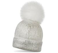 styleBREAKER Bonnet en Maille Chaud avec Aspect métallique et Pompon Amovible en Fausse Fourrure, Bonnet d'hiver avec Pompon, Femmes 04024138, Couleur:Blanc/Argent