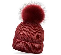 styleBREAKER Bonnet en Maille Chaud avec Aspect métallique et Pompon Amovible en Fausse Fourrure, Bonnet d'hiver avec Pompon, Femmes 04024138, Couleur:Bordeaux-Rouge
