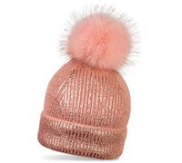 styleBREAKER Bonnet en Maille Chaud avec Aspect métallique et Pompon Amovible en Fausse Fourrure, Bonnet d'hiver avec Pompon, Femmes 04024138, Couleur:Rose-