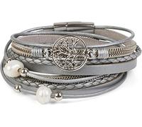 styleBREAKER Bracelet enroulé avec Perles, chaînes, Tresse et Pendentif en Forme d'arbre de Vie, Fermeture magnétique, Parure de Poignet, Femmes 05040070, Couleur:Gris Clair-Argent