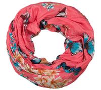 styleBREAKER Écharpe Loop femme motif papillons et fleurs 85x85cm,Corail