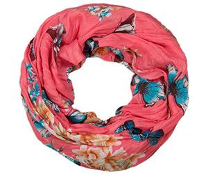 styleBREAKER Écharpe Loop femme motif papillons et fleurs 85x85cm,Corail