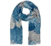 styleBREAKER Écharpe pour femmes avec motif de feuilles de ginkgo colorées et franges courtes, foulard léger, châle 01016208, couleur:Bleu-blanc