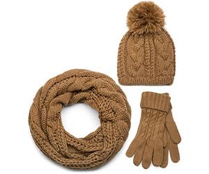 styleBREAKER Ensemble bonnet écharpe gants femme motif torsadé,Cognac/Loop
