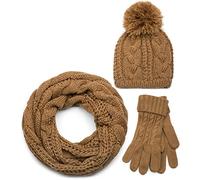 styleBREAKER Ensemble composé d'une écharpe, d'un bonnet et de gants, écharpe loop avec motif tricoté, bonnet à pompon et gants, femmes 01018208, couleur:Cognac/Loop echarpe tubulaire