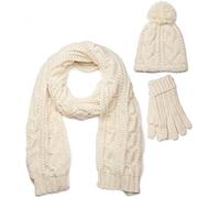 styleBREAKER Ensemble composé d'une écharpe, d'un bonnet et de gants, écharpe loop avec motif tricoté, bonnet à pompon et gants, femmes 01018208, couleur:Crème-beige/écharpe
