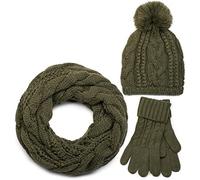 styleBREAKER Ensemble composé d'une écharpe, d'un bonnet et de gants, écharpe loop avec motif tricoté, bonnet à pompon et gants, femmes 01018208, couleur:Olive/Loop Echarpe tubulaire
