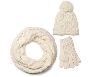 styleBREAKER Ensemble composé d'une écharpe, d'un bonnet et de gants, écharpe loop avec motif tricoté, bonnet à pompon et gants, femmes 01018208, couleur:Crème-beige/écharpe-tube