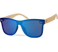 styleBREAKER Lunettes de soleil unisexes Nerd à branches en bambou et verres en polycarbonate, style rétro 09020112, couleur:Monture marron clair / verre bleu miroir