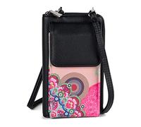 styleBREAKER Mini sac à bandoulière pour femme Porte-monnaie avec motif de fleurs ethniques, compartiment pour téléphone portable, protection RFID 02012378, couleur:Beige-marron-marron foncé-rose