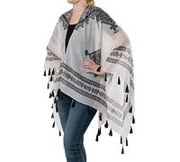 styleBREAKER Poncho d'été léger avec Un Motif Ethnique, Glands, Plage, Style Boho, Femmes 08010022, Couleur:Blanc