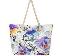 styleBREAKER Sac de plage XXL pour dames avec impression de fleurs violettes colorées, fermeture éclair, sac à bandoulière, shopper 02012346, couleur:Blanc-Violet-Bleu