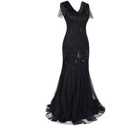 STYLEEA Robe Années 20 Vintage Longue Robe avec Brillant Paillette Perles pour Femmes Classique 1920s Charleston Gatsby Danse Tango Latine Longueur de Plancher Robe de Soirée Robe De Bal
