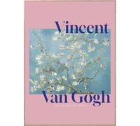 STYLER tableau avec cadre bois Almond Blossom 50 x 70 cm - Amandier en fleurs de Van Gogh réinterprété - toile moderne typographie rose bleu pastel - décoration murale art classique et minimaliste