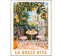 STYLER tableau avec cadre bois La Dolce Vita 50 x 70 cm - décoration murale balcon italien oranges et Colisée - toile moderne méditerranéenne rose et orange - art mural voyage et soleil