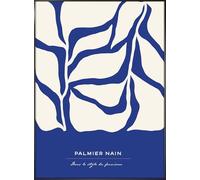 STYLER Tableau avec cadre Palmier 50 x 70 cm - Décoration murale palmier abstrait bleu cobalt sur crème - Affiche graphique moderne - Cadre en bois noir prêt à suspendre