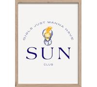 STYLER Tableau avec cadre Sun Club 30 x 40 cm - Décoration murale typographique cocktail - Affiche minimaliste bleu et jaune - Cadre en bois naturel prêt à suspendre