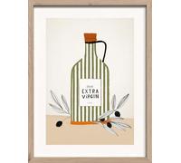 STYLER Tableau Extra Olive 30 x 40 cm avec cadre en bois - Bouteille d'huile d'olive avec branches d'olive - Décoration murale pour cuisine méditerranéenne - Collection Terra Verde