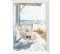 STYLER tableau mural encadré Beach House 50 x 70 cm - scène côtière avec maison de plage aux tons beige bleu et blanc - impression décorative sur panneau MDF avec cadre élégant