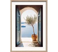 STYLER Tableau Mykonos 50 x 70 cm avec cadre en bois - Vue méditerranéenne sur la mer avec olivier - Style Santorini Tableau décoratif Collection Terra Verde
