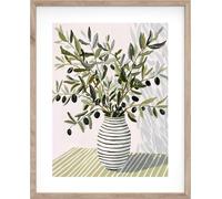 STYLER Tableau Olive Bunch II 40 x 50 cm avec cadre en bois - Branches d'olivier dans un vase - Nature morte méditerranéenne botanique murale - Collection Terra Verde