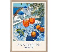 STYLER Tableau Santorini 50 x 70 cm avec cadre en bois - Motif côtier grec avec verres Aperol et oranges - Tableau d'été méditerranéen Terra Verde Collection