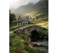 STYLER Tableau sur toile Highlands 60 x 80 cm - paysage de montagne brumeux avec pont en pierre et cottage - impression sur canvas tendu sur châssis - collection Around the World