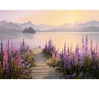 STYLER Tableau sur toile Lupine Shore 85 x 113 cm - paysage de rive avec lupins au lever du soleil - scène poétique aux couleurs douces - décoration murale grand format - collection Lucid Landscapes