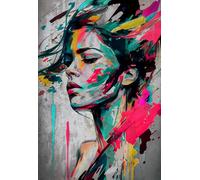 STYLER Tableau sur toile Paint Face 70 x 100 cm prêt à accrocher - portrait abstrait moderne avec explosion de couleurs - décoration murale artistique