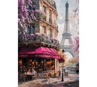 STYLER Tableau sur toile Paris Corner 70 x 100 cm prêt à accrocher - scène parisienne avec café et tour Eiffel - décoration murale romantique et colorée